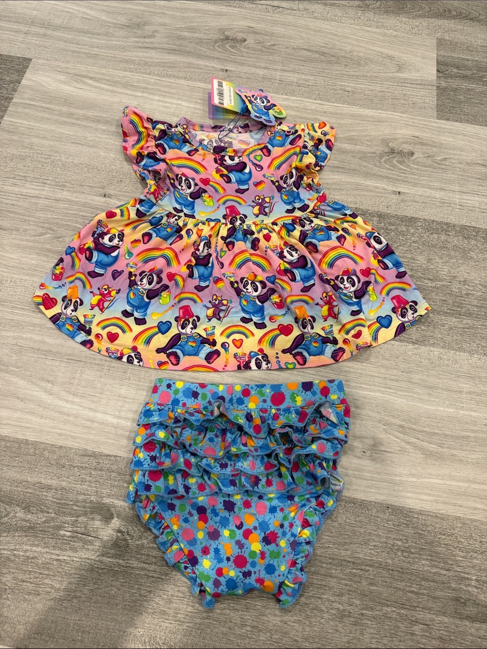 Posh Peanut Lisa Frank Rainbow Panda Dress with Blue Ruffle Bummie